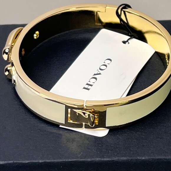 COACH Buckle Bangle Bracelet SIGNATURE C Gold Plated & Chalk Enamel Hinged - Picture 5 of 8